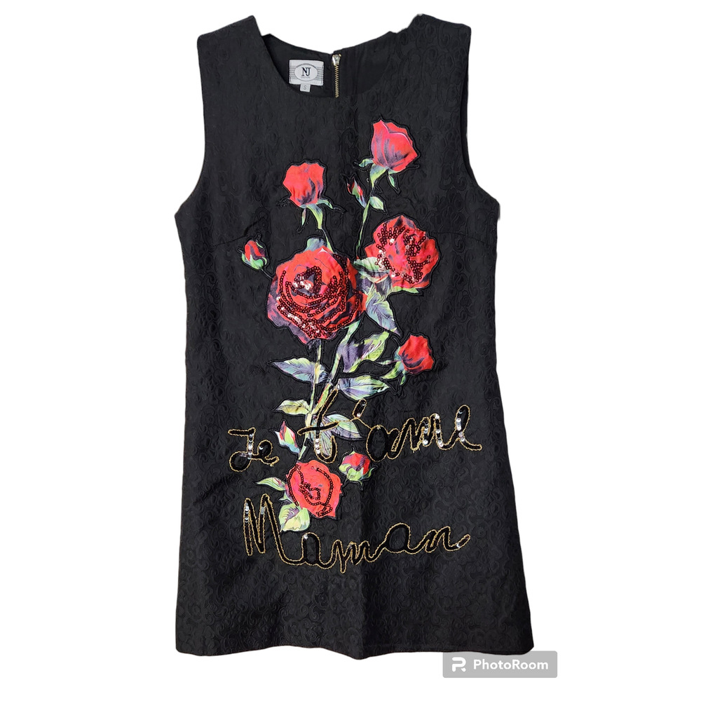 NJ Couture Floral Appliqued Black Shift Dress S